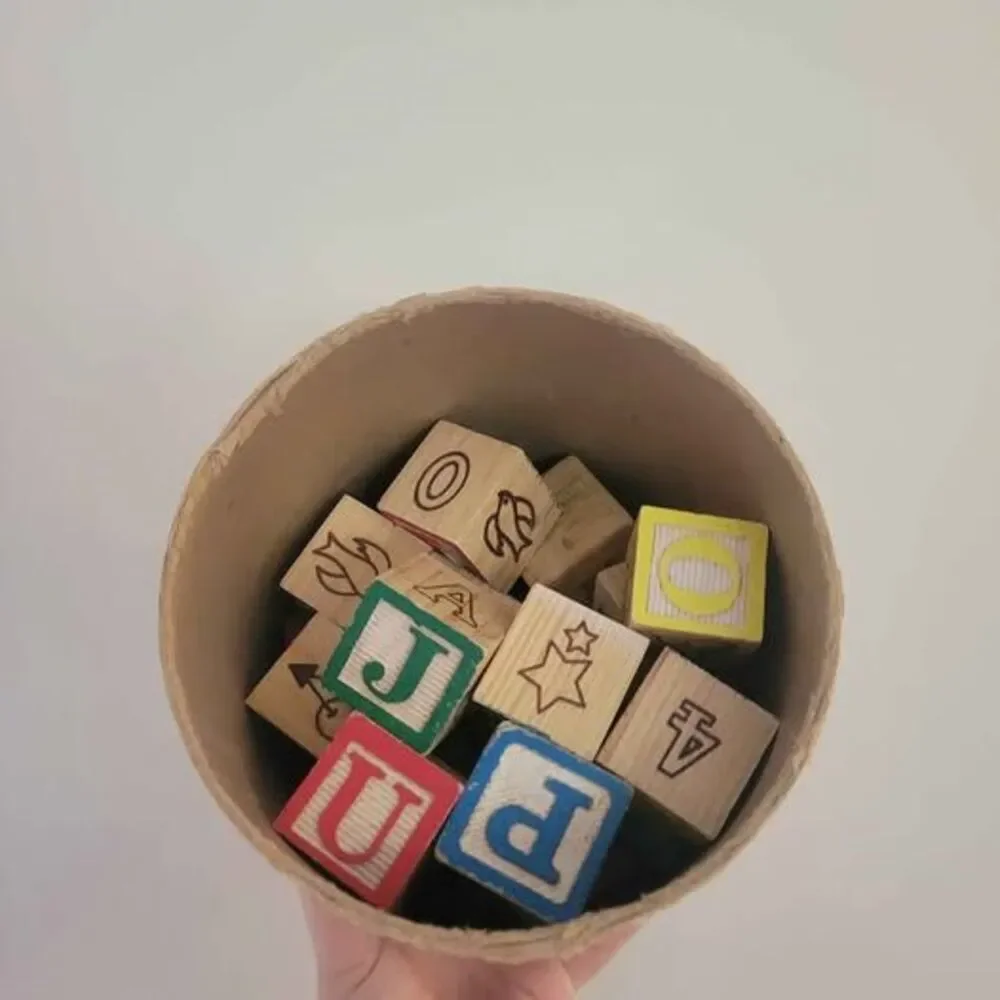 70's Vintage Wooden Blocks in Original Canister